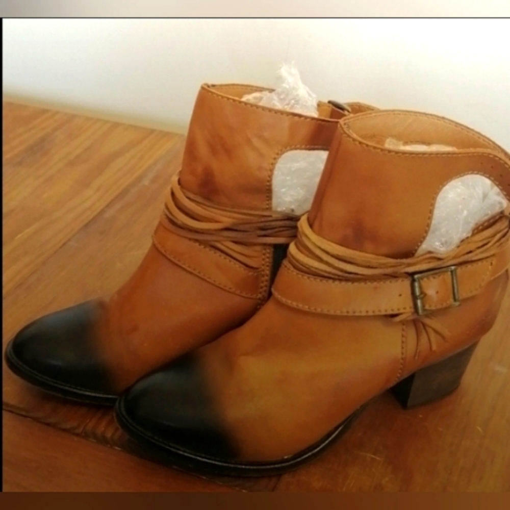 Free People shredded ankle booties, caramel, block heel